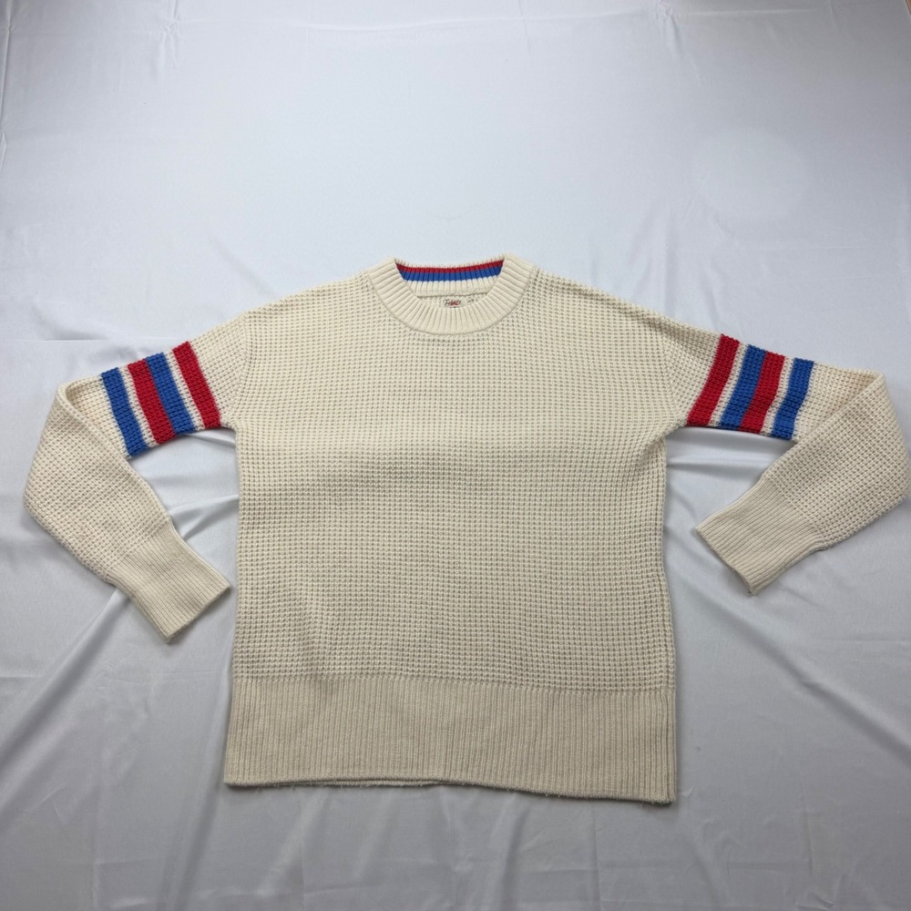 Faherty Waffle Knit Sweater Womens XS Cream Red Blue Varsity Stripe Wool Blend